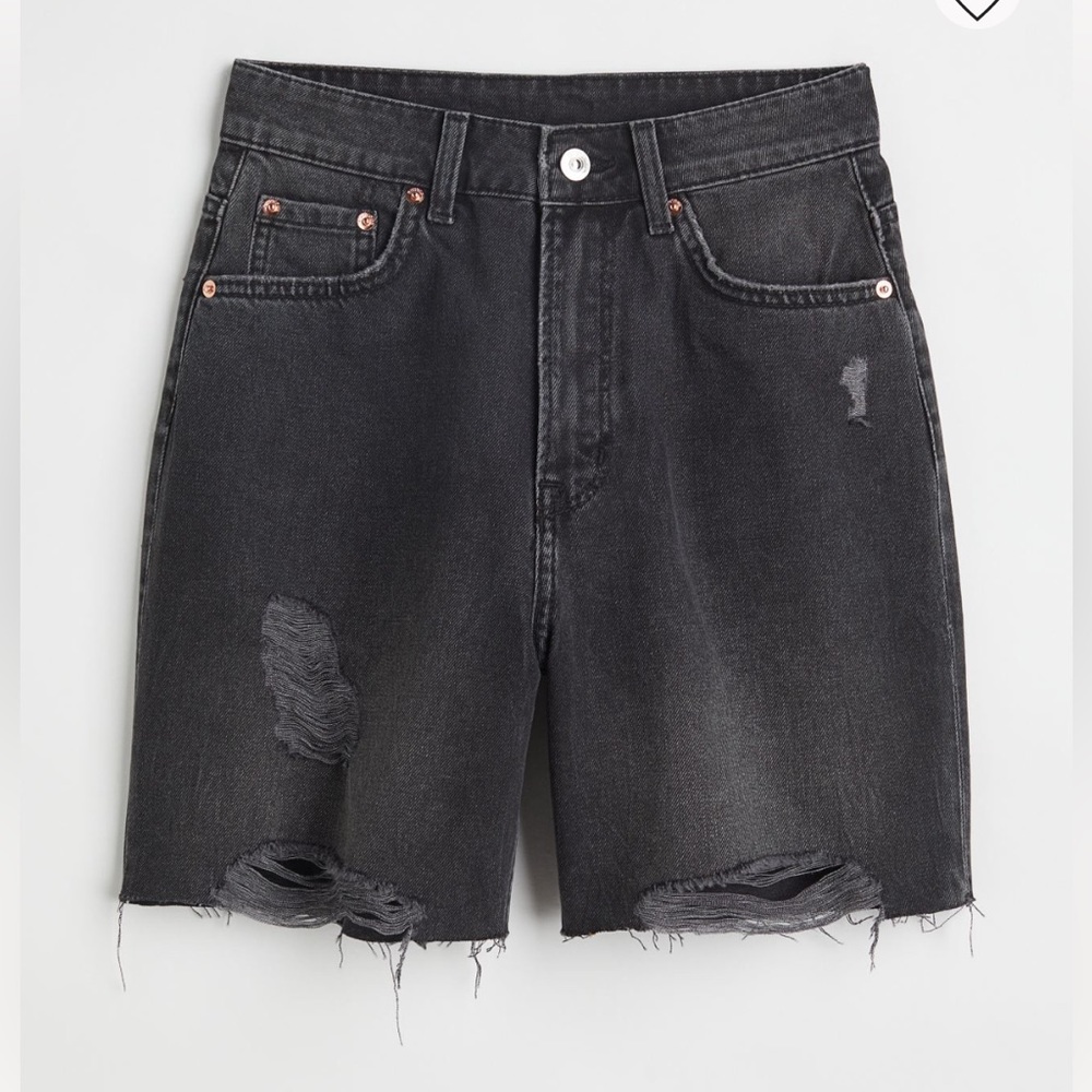 H&M• black high rise raw hem shorts
